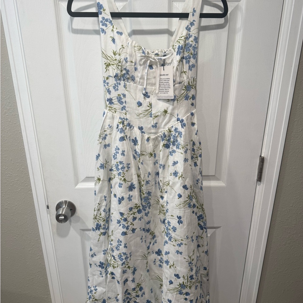 Reformation White Dress with Blue Floral Design